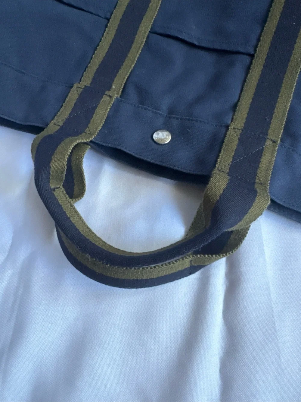 Hermes Navy Canvas Tote with Olive Straps